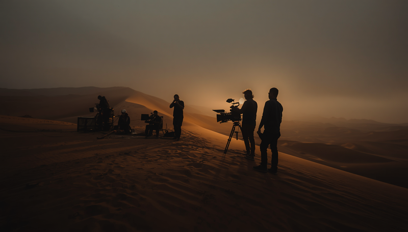 Film crew on a desert dune at golden hour.