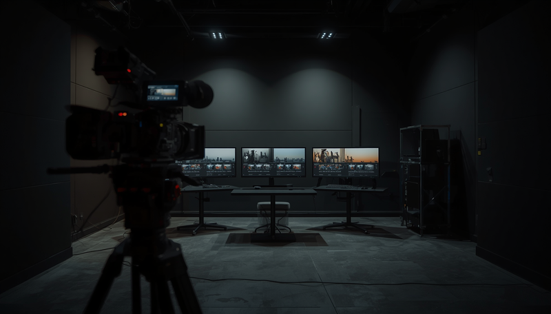 Post-production edit suite with colour-grading monitors.