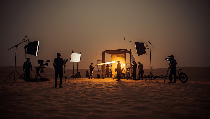 Production base camp tent on a desert shoot at dusk in the UAE.