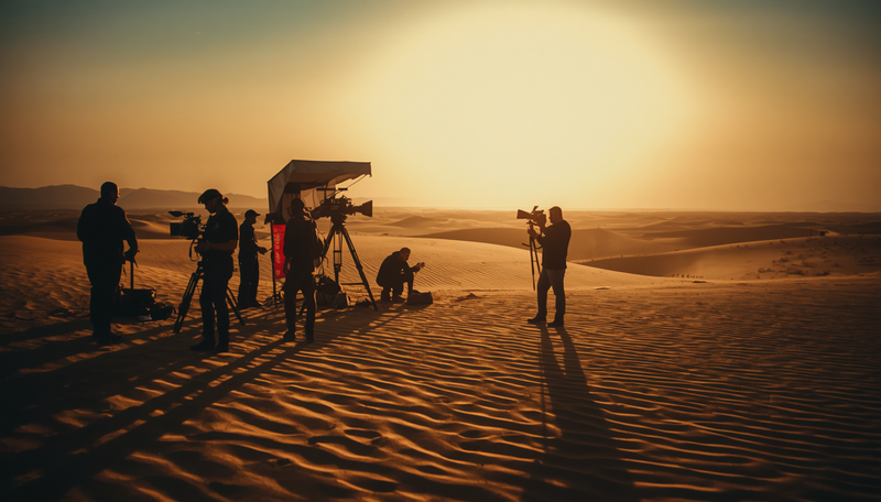 Film crew working a desert set at golden hour — Over Exposure Productions.