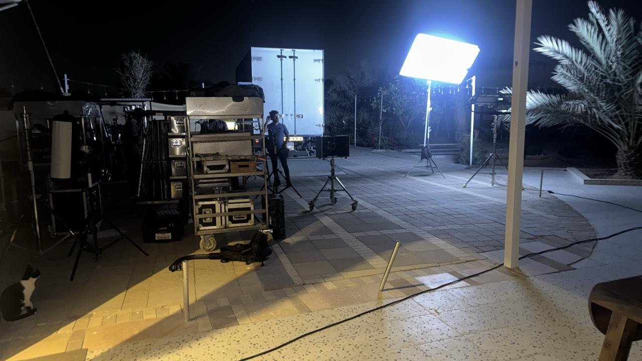 Lighting and camera gear staged at a night-time event production — event videography, Abu Dhabi.